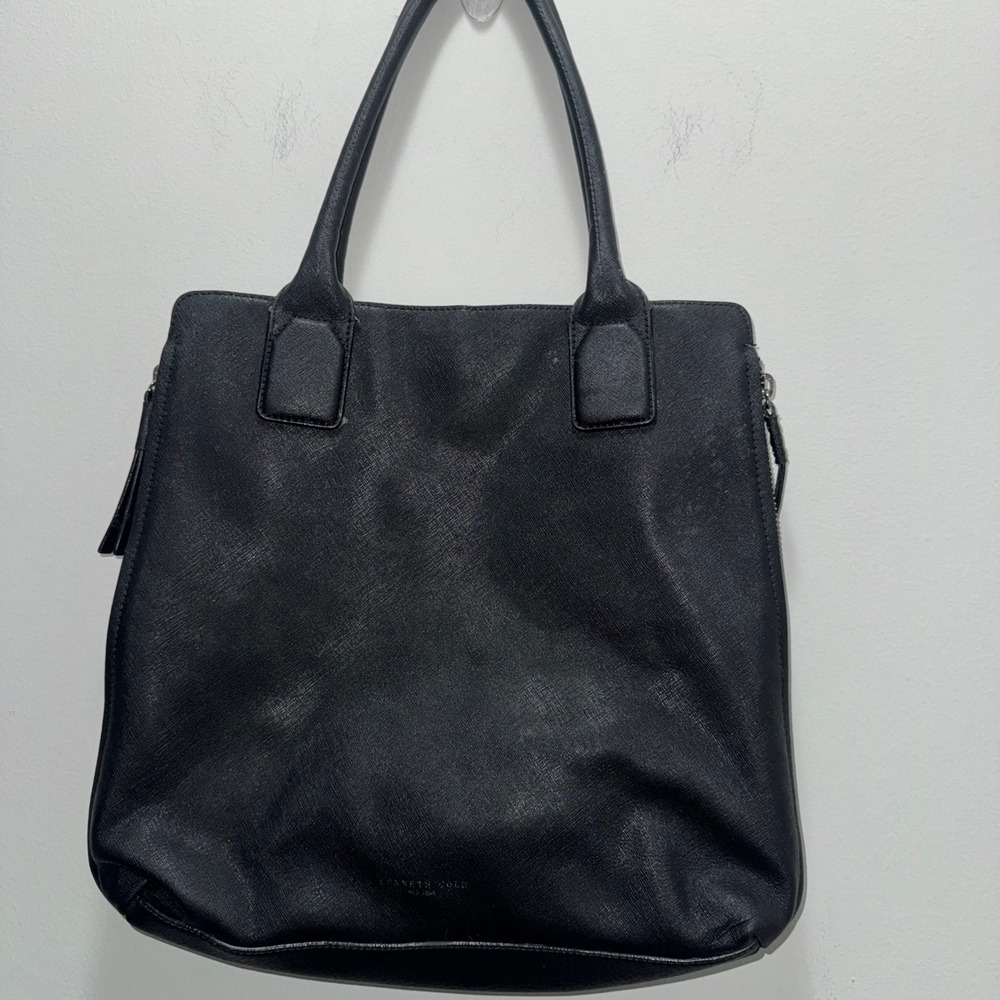 Kenneth Cole New York Black Saffiano Leather Tote Bag Zippered Shopper Handbag
